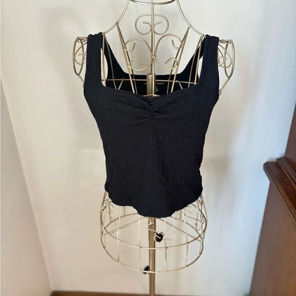 American Eagle Outfitters Ribbed Ruched Tank Top Black Size XL
